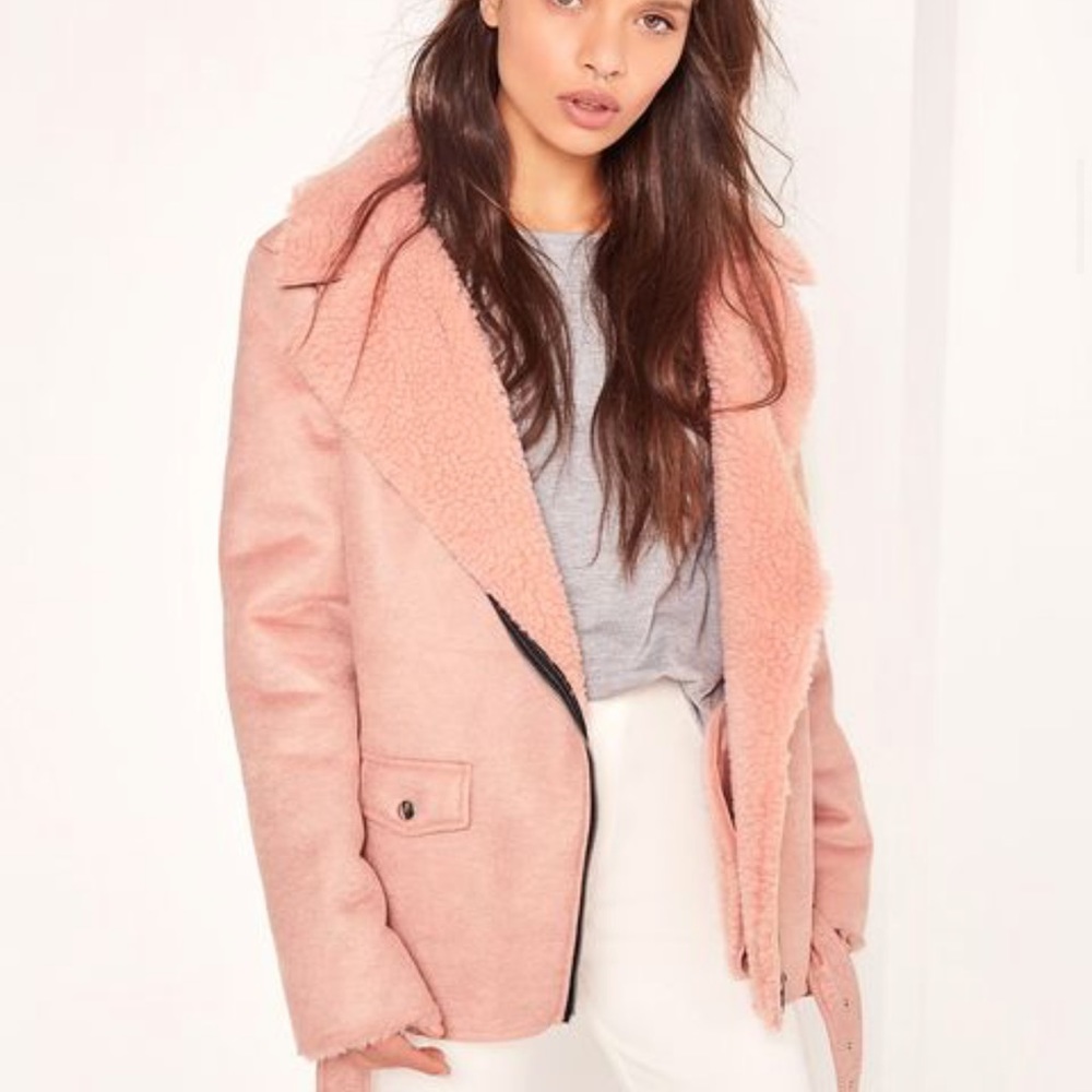 Misguided pink shearling moto jacket size 8